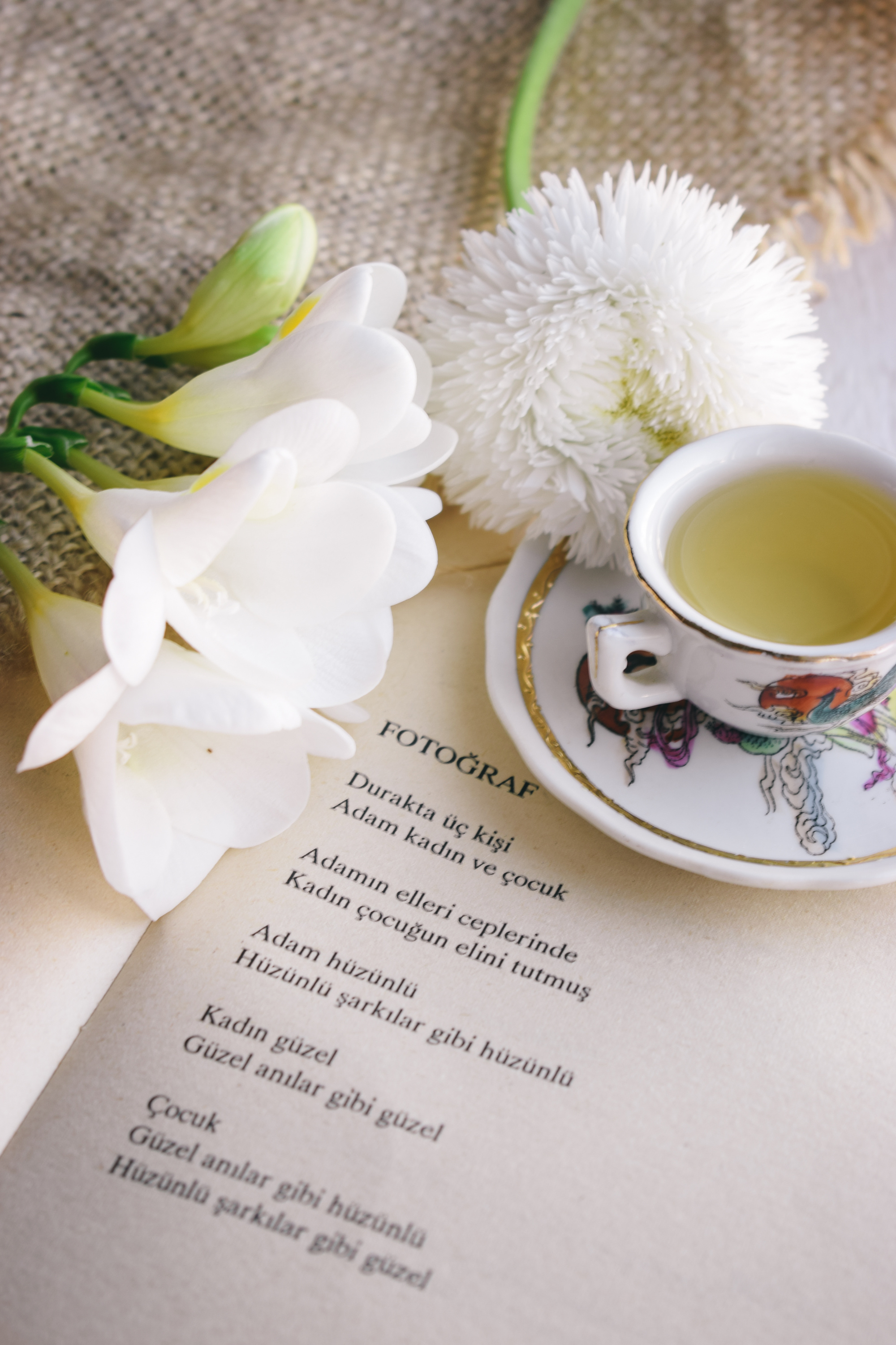 White and Blue Floral Ceramic Teacup on White Ceramic Saucer